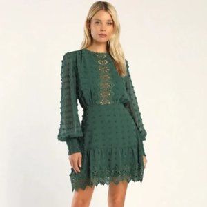 Lulu's Lust or Love Emerald Green Embroidered Lace Long Sleeve Dress Size M